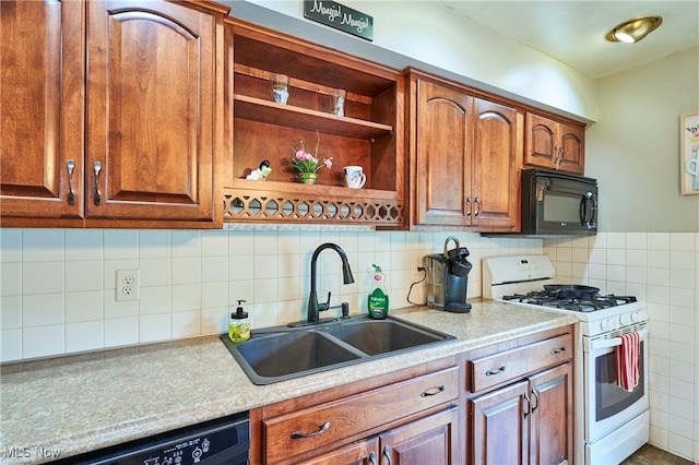 2948 Robin Hill Ln, Mogadore, OH 44260 - kitchen with black appliances, open shelves, light countertops, and brown cabinetry