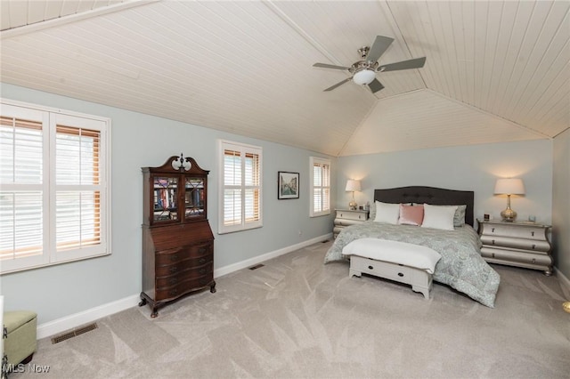 6252 Pebblebrook Ln, North Olmsted, OH 44070 - bedroom with lofted ceiling, light colored carpet, multiple windows, a ceiling fan, and wood ceiling
