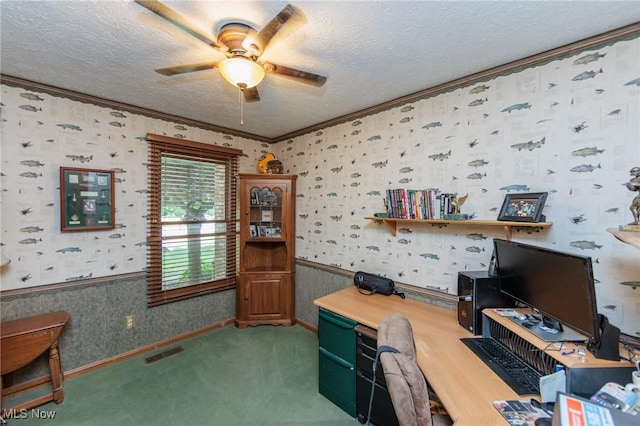 6252 Pebblebrook Ln, North Olmsted, OH 44070 - office featuring wallpapered walls, ceiling fan, a textured ceiling, ornamental molding, and carpet