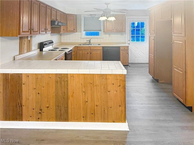 1209 Courtland Rd, Weirton, WV 26062 - kitchen featuring white electric range, under cabinet range hood, black dishwasher, light wood-style flooring, and a peninsula