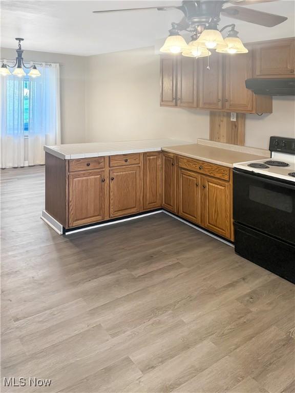 1209 Courtland Rd, Weirton, WV 26062 - kitchen with range with electric stovetop, under cabinet range hood, a chandelier, light wood finished floors, and a peninsula