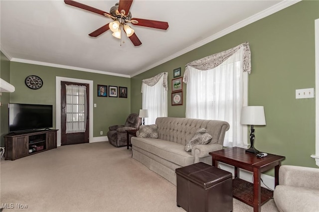 2129 E 41st St, Ashtabula, OH 44004 - carpeted living room with crown molding and ceiling fan