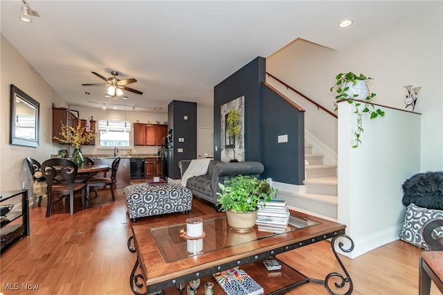 12591 Larchmere Blvd Unit W-6, Cleveland, OH 44120 - living room with stairs, light wood-type flooring, ceiling fan, and recessed lighting