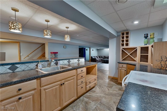 230 Clingan Rd, Struthers, OH 44471 - kitchen with a paneled ceiling, electric range, dark countertops, decorative light fixtures, and light brown cabinets