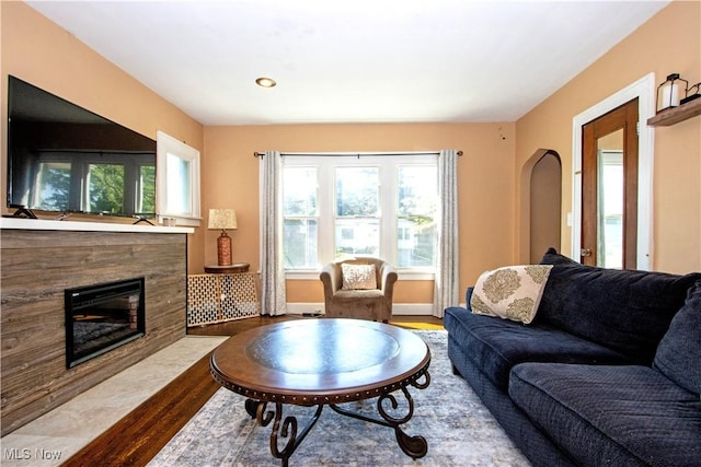 645 Saybolt Ave, Wooster, OH 44691 - living area featuring wood finished floors, healthy amount of natural light, a fireplace with flush hearth, and recessed lighting