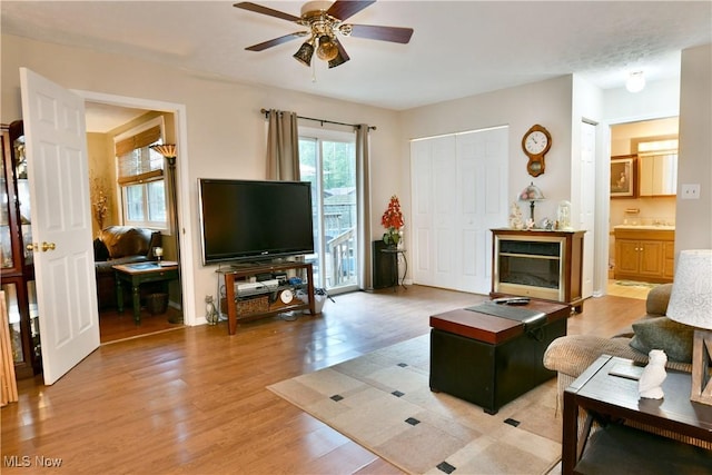 252 Greenbriar Dr, Cortland, OH 44410 - living area featuring a ceiling fan and light wood-style floors