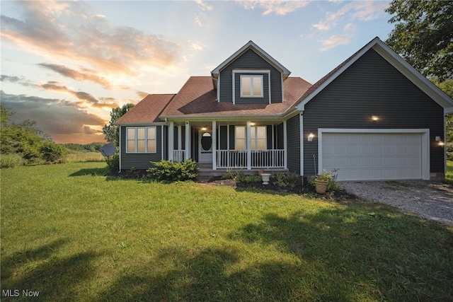 3823 Kyle Rd, Dorset, OH 44032 - view of front facade featuring covered porch, driveway, a front lawn, a garage, and roof with shingles