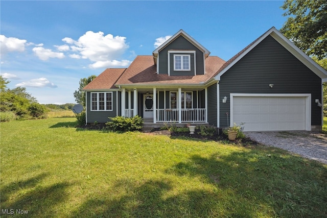 3823 Kyle Rd, Dorset, OH 44032 - view of front of property with covered porch, gravel driveway, a front lawn, an attached garage, and a shingled roof