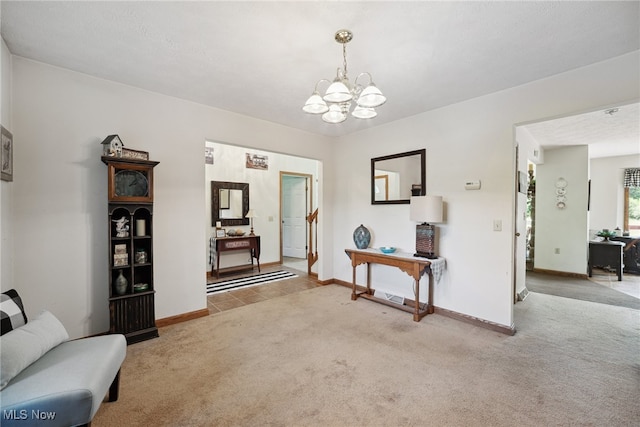 3823 Kyle Rd, Dorset, OH 44032 - living area with carpet floors and a chandelier