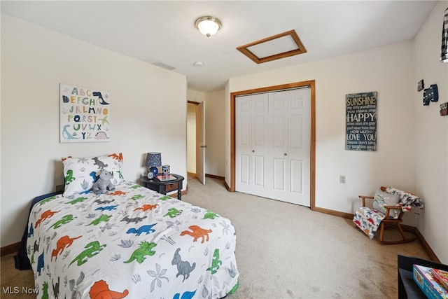 3823 Kyle Rd, Dorset, OH 44032 - bedroom featuring attic access, light carpet, and a closet