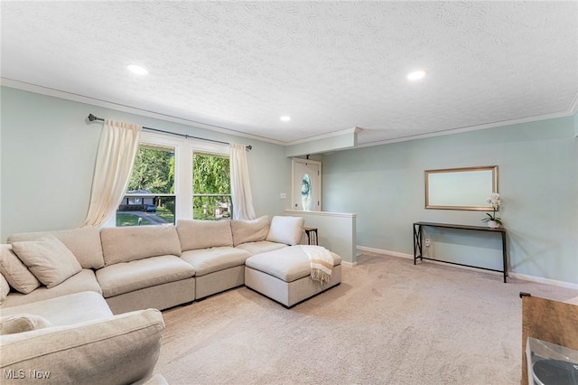 300 Chatham Dr, Aurora, OH 44202 - living area featuring ornamental molding, light colored carpet, recessed lighting, and a textured ceiling