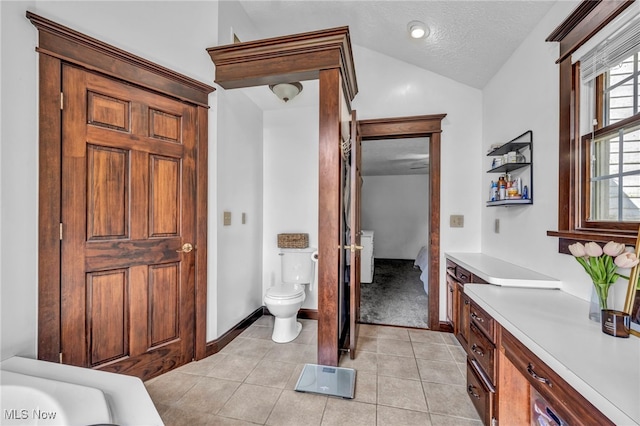 9827 Akron Rd, Rittman, OH 44270 - bathroom with vanity, ensuite bath, vaulted ceiling, tile patterned floors, and a textured ceiling