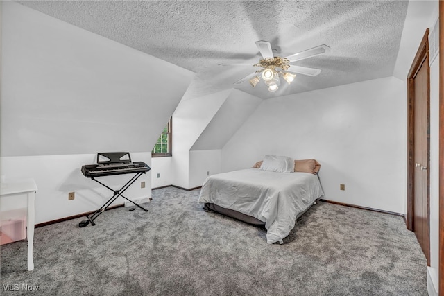 9827 Akron Rd, Rittman, OH 44270 - bedroom featuring carpet floors, a textured ceiling, ceiling fan, and lofted ceiling