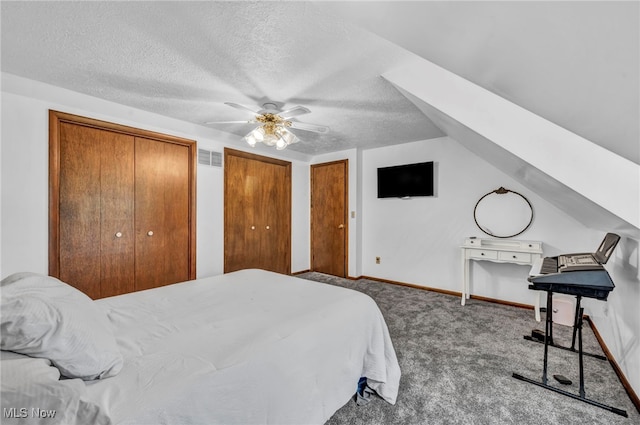 9827 Akron Rd, Rittman, OH 44270 - bedroom with a textured ceiling, carpet, two closets, and a ceiling fan