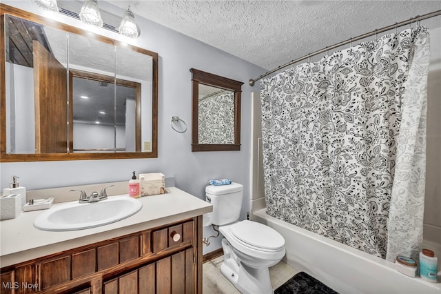 9827 Akron Rd, Rittman, OH 44270 - bathroom featuring shower / bath combination with curtain, vanity, and a textured ceiling