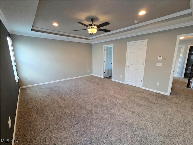 4312 Brooks Ct, Lorain, OH 44053 - unfurnished bedroom featuring a tray ceiling, crown molding, carpet flooring, recessed lighting, and ceiling fan