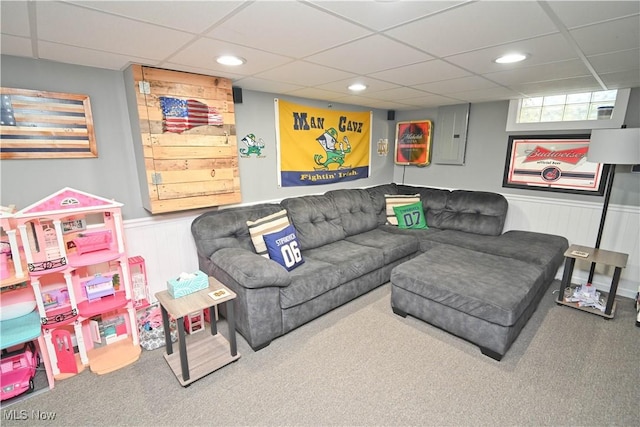 48 Mary Ann Ln, Youngstown, OH 44511 - carpeted living room featuring a paneled ceiling, recessed lighting, and wainscoting