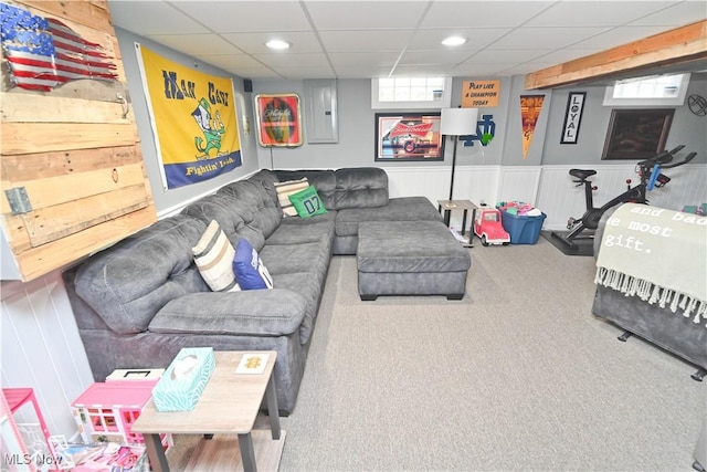 48 Mary Ann Ln, Youngstown, OH 44511 - living room featuring carpet flooring, a paneled ceiling, recessed lighting, electric panel, and wainscoting