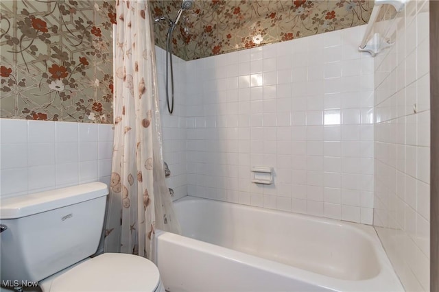 751 Bacon Rd, Oh, OH 44077 - bathroom with wallpapered walls, tile walls, shower / bath combination with curtain, and a wainscoted wall