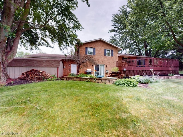 14003 Highview Dr, Dalton, OH 44618 - rear view of property featuring a wooden deck, brick siding, and a lawn