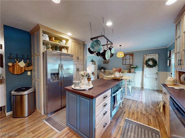 14003 Highview Dr, Dalton, OH 44618 - kitchen with appliances with stainless steel finishes, wood counters, light wood-style floors, open shelves, and recessed lighting