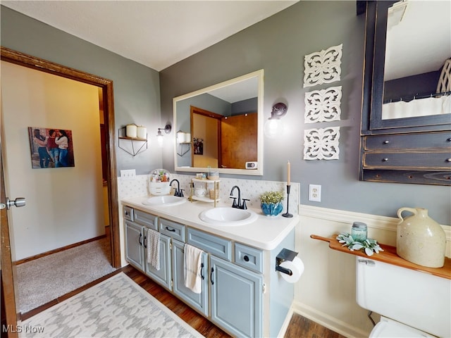 14003 Highview Dr, Dalton, OH 44618 - full bathroom featuring double vanity, wood finished floors, and tasteful backsplash