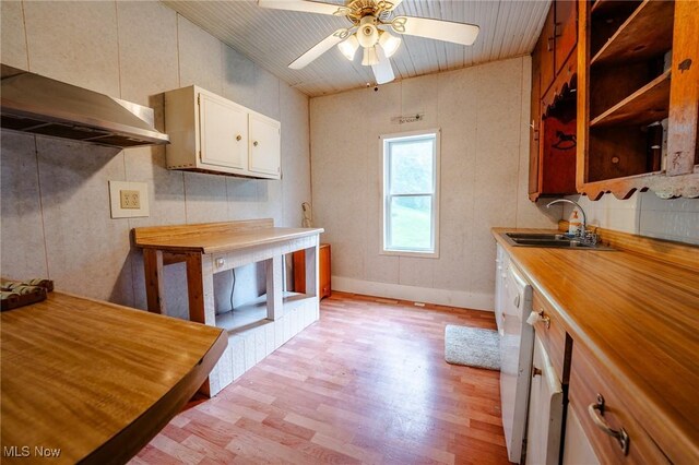 55225 Township Road 224, Fresno, OH 43824 - kitchen with light wood-type flooring, ceiling fan, white cabinets, wall chimney exhaust hood, and open shelves