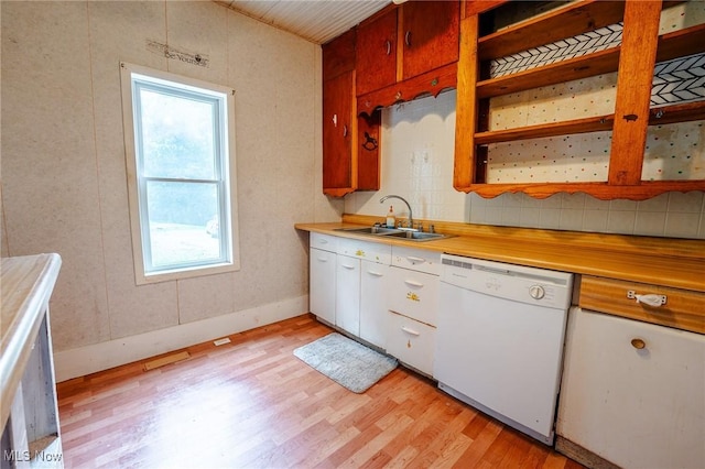 55225 Township Road 224, Fresno, OH 43824 - kitchen featuring dishwasher, light wood-style flooring, light countertops, open shelves, and white cabinetry