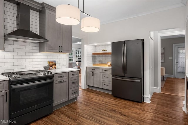 16205 Fernway Rd, Shaker Heights, OH 44120 - kitchen with appliances with stainless steel finishes, wall chimney exhaust hood, gray cabinets, light countertops, and crown molding
