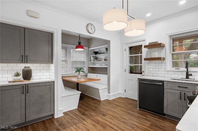 16205 Fernway Rd, Shaker Heights, OH 44120 - kitchen featuring dishwasher, gray cabinets, open shelves, light countertops, and ornamental molding
