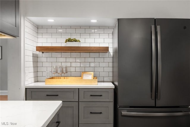 16205 Fernway Rd, Shaker Heights, OH 44120 - kitchen with freestanding refrigerator, gray cabinetry, tasteful backsplash, open shelves, and recessed lighting