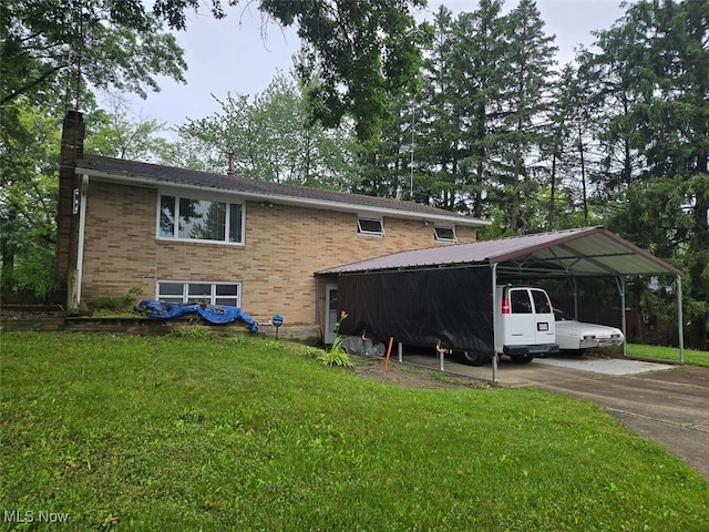 4544 Springvale Ave SW, Canton, OH 44706 - view of side of property featuring a chimney, brick siding, a yard, a carport, and driveway