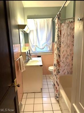 120 Welday Ave, Steubenville, OH 43952 - bathroom with vanity, tile patterned floors, shower / bath combo, ornamental molding, and a wainscoted wall