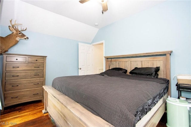 4234 Swigart Rd, Bellville, OH 44813 - bedroom featuring dark wood-type flooring, lofted ceiling, and a ceiling fan
