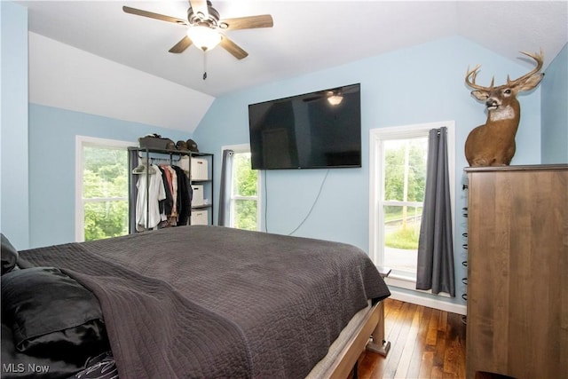 4234 Swigart Rd, Bellville, OH 44813 - bedroom with vaulted ceiling, wood-type flooring, multiple windows, and a ceiling fan