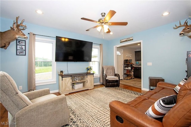 4234 Swigart Rd, Bellville, OH 44813 - living area featuring ceiling fan, plenty of natural light, wood finished floors, and recessed lighting