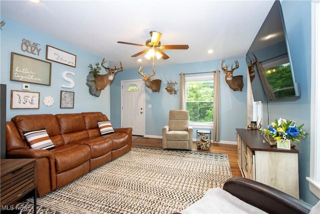 4234 Swigart Rd, Bellville, OH 44813 - living room featuring a ceiling fan, wood finished floors, and recessed lighting