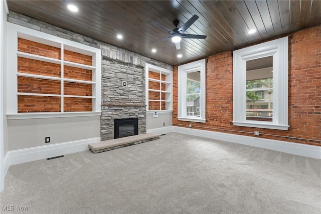 638 High St, Wooster, OH 44691 - unfurnished living room with carpet flooring, a ceiling fan, wooden ceiling, a fireplace, and recessed lighting