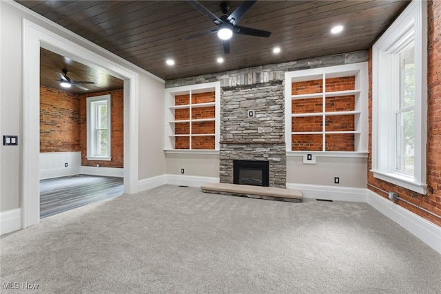638 High St, Wooster, OH 44691 - unfurnished living room with carpet, ceiling fan, wood ceiling, plenty of natural light, and recessed lighting