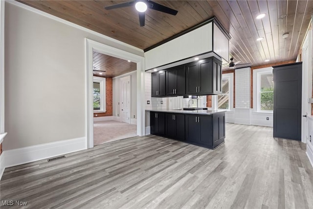 638 High St, Wooster, OH 44691 - kitchen featuring ceiling fan, wood ceiling, dark cabinetry, plenty of natural light, and recessed lighting