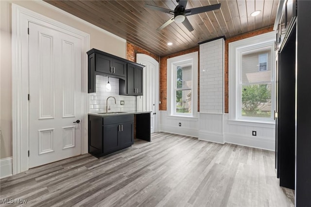638 High St, Wooster, OH 44691 - bar featuring wooden ceiling, a ceiling fan, light wood-style flooring, and decorative backsplash