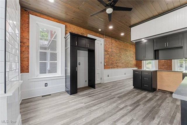 638 High St, Wooster, OH 44691 - kitchen featuring wooden ceiling, ceiling fan, light wood-type flooring, brick wall, and recessed lighting