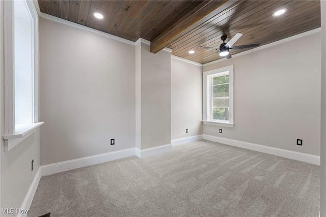 638 High St, Wooster, OH 44691 - empty room featuring wood ceiling, recessed lighting, carpet flooring, a ceiling fan, and crown molding