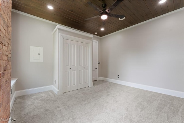 638 High St, Wooster, OH 44691 - unfurnished bedroom with wooden ceiling, carpet, electric panel, recessed lighting, and crown molding