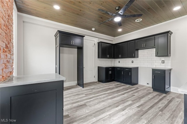 638 High St, Wooster, OH 44691 - kitchen with wooden ceiling, a ceiling fan, light wood-style floors, tasteful backsplash, and crown molding
