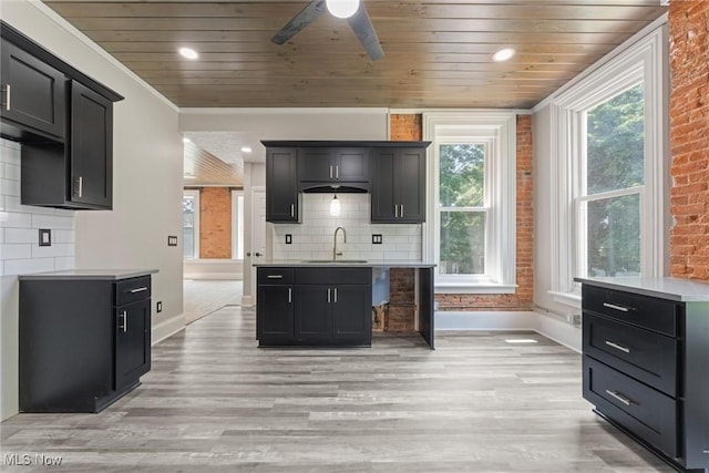 638 High St, Wooster, OH 44691 - kitchen with wooden ceiling, plenty of natural light, a ceiling fan, light wood finished floors, and decorative backsplash