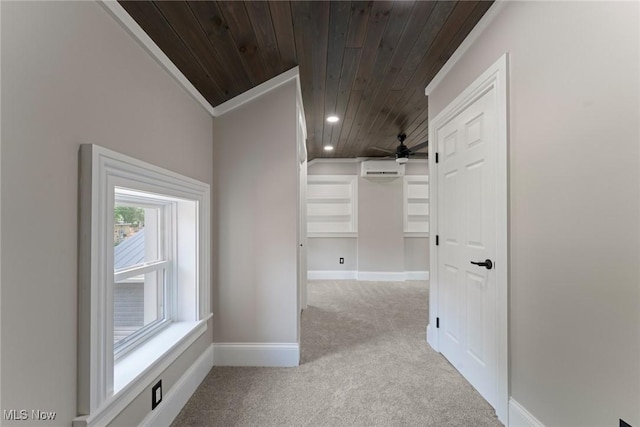 638 High St, Wooster, OH 44691 - hallway featuring wooden ceiling, carpet flooring, crown molding, recessed lighting, and an AC wall unit