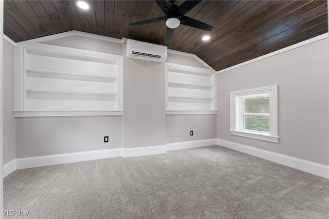 638 High St, Wooster, OH 44691 - unfurnished room featuring a wall mounted air conditioner, wooden ceiling, lofted ceiling, built in features, and ceiling fan