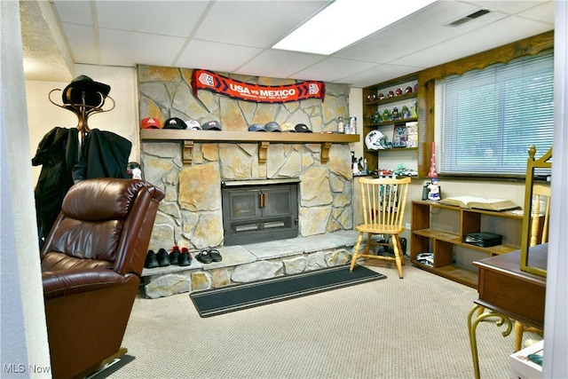 2555 Walnut St, Girard, OH 44420 - carpeted office featuring a paneled ceiling and a stone fireplace