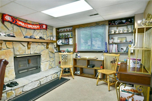 2555 Walnut St, Girard, OH 44420 - carpeted office with a drop ceiling and a stone fireplace